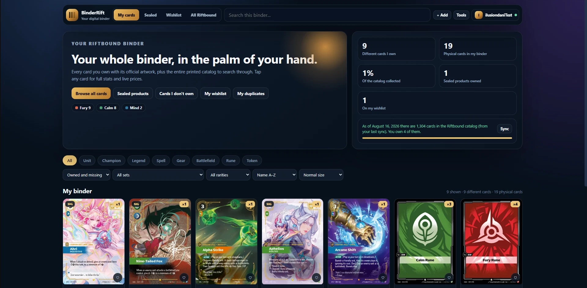 A RiftPocket collection, showing cards with their artwork and how many copies are owned